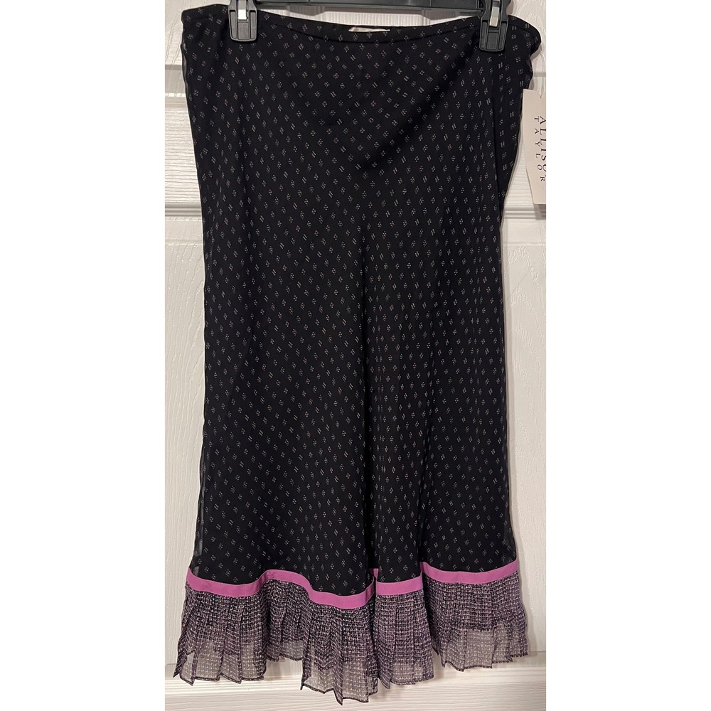 Allison Taylor Black Silk Geometric Print Midi Skirt Ruffle Hem Womens L NEW